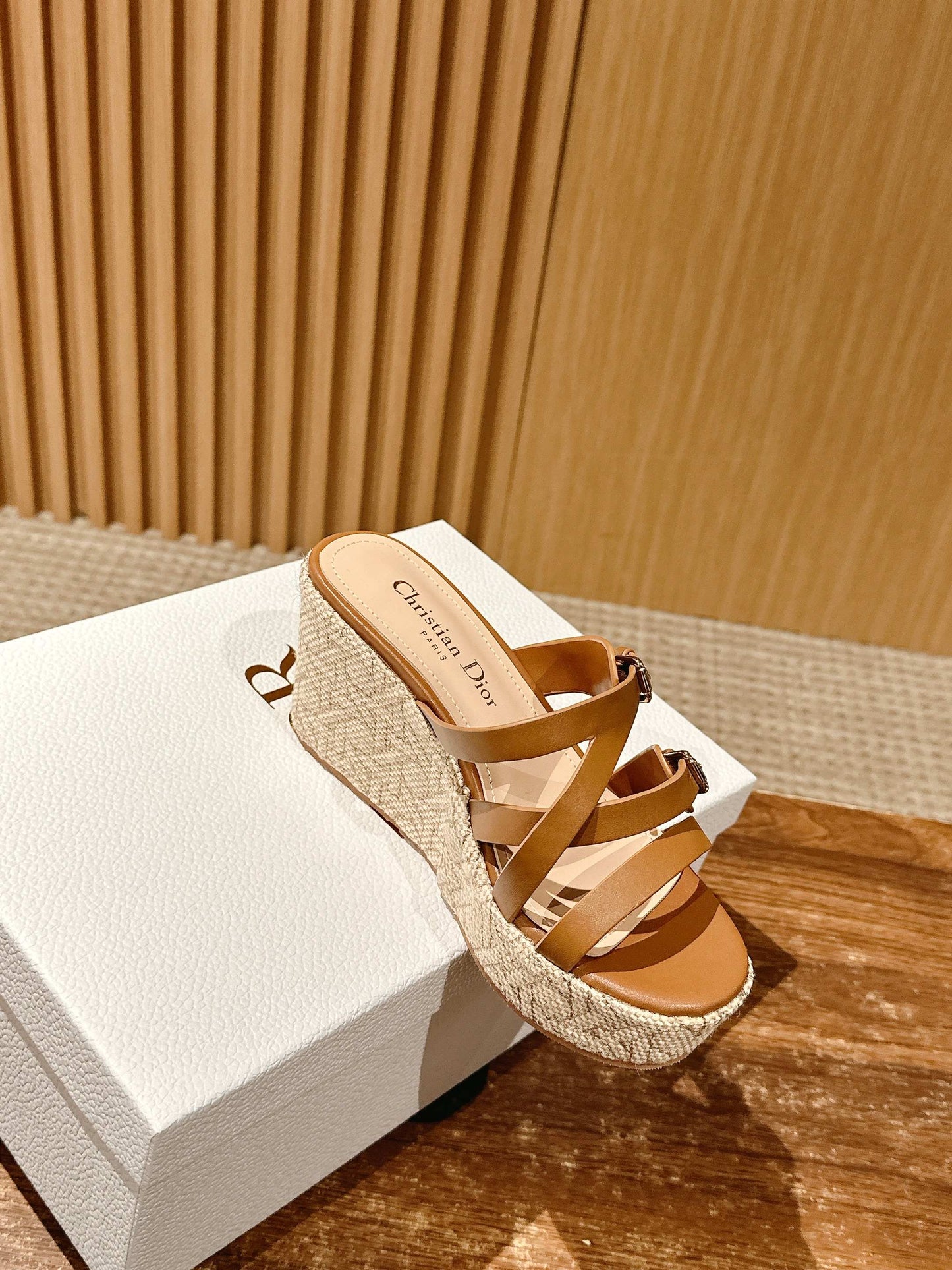 DIOR ATTITUDE WEDGE SLIDE 90MM IN BROWN ADJUSTABLE STRAPS CALFSKIN CANVAS SOLE