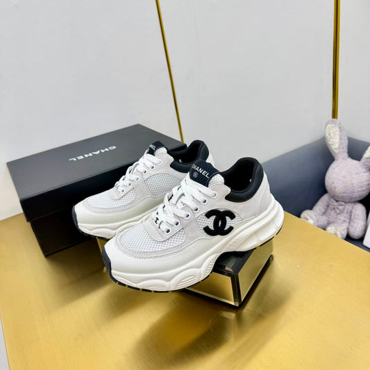 CHANEL SNEAKER IN PALE GRAY SUEDE WITH BLACK LOGO AND MESH
