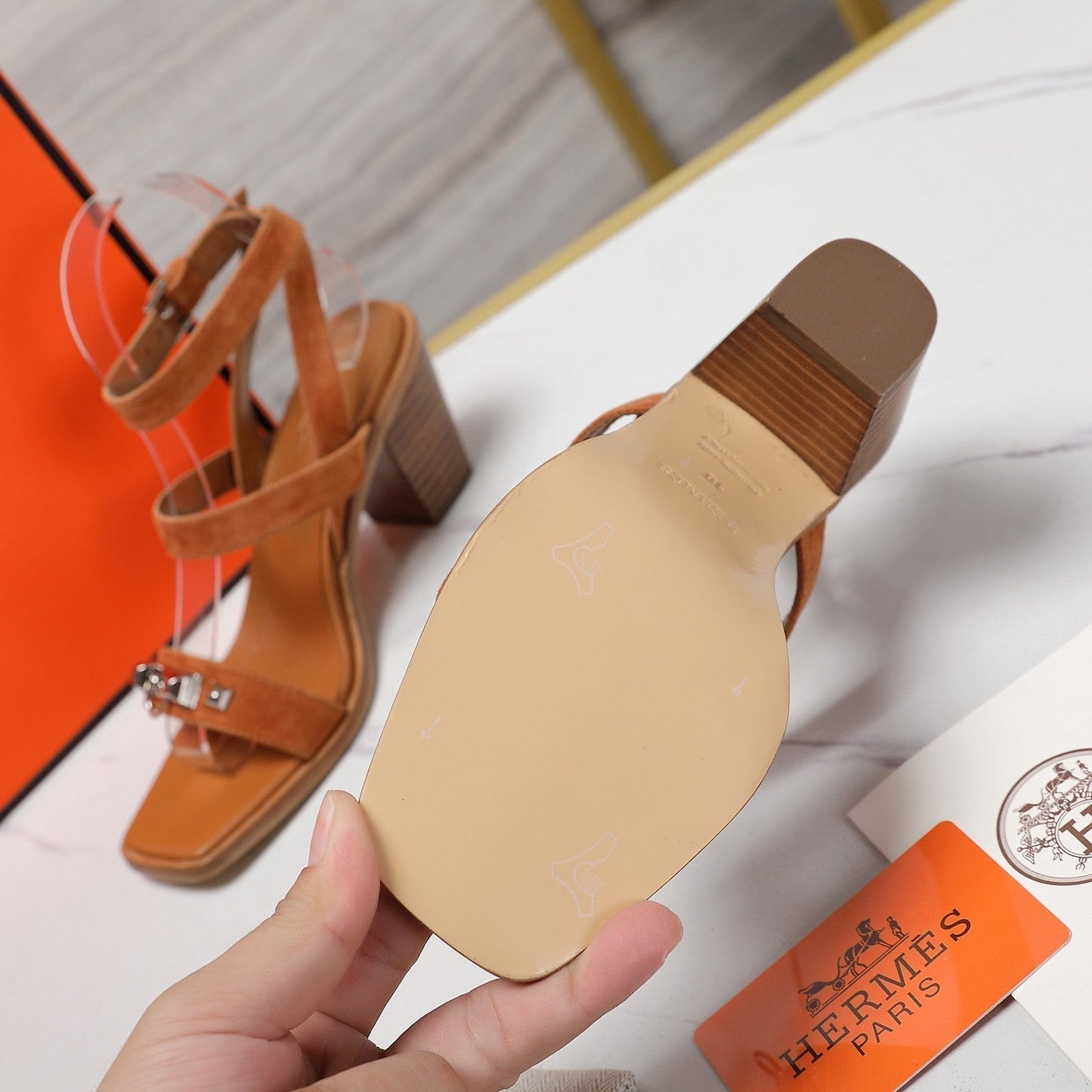 HERMES IVRESSE 65 SANDAL CARAMEL SUEDE