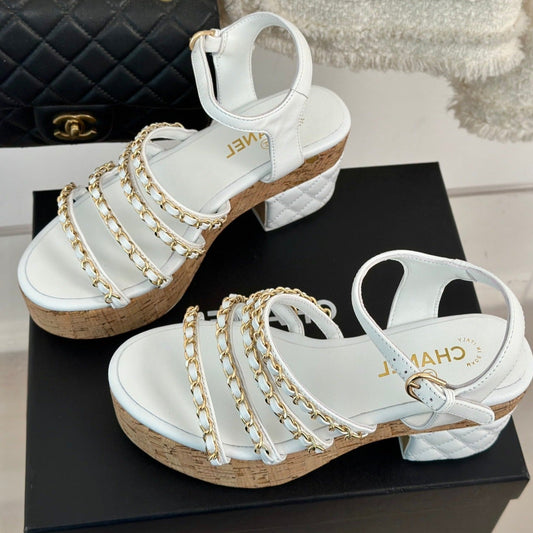 CHANEL Double C Wooden Chain Platform Block Heel Sandals White
