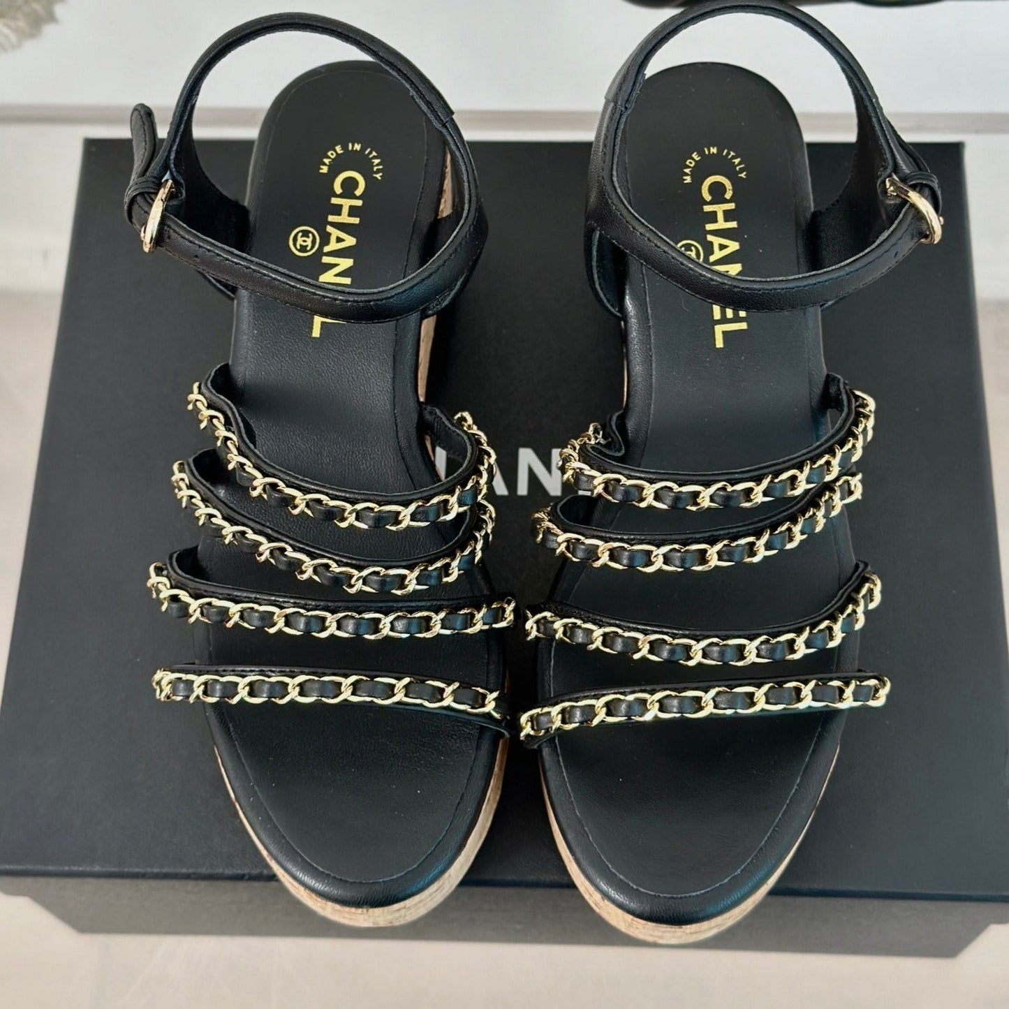 CHANEL Double C Wooden Chain Platform Block Heel Sandals Black