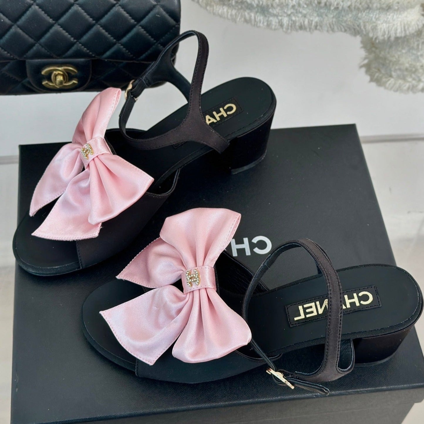 CHANEL Double  Big Bow High Sandal Sheepskin Light Pink/ Black