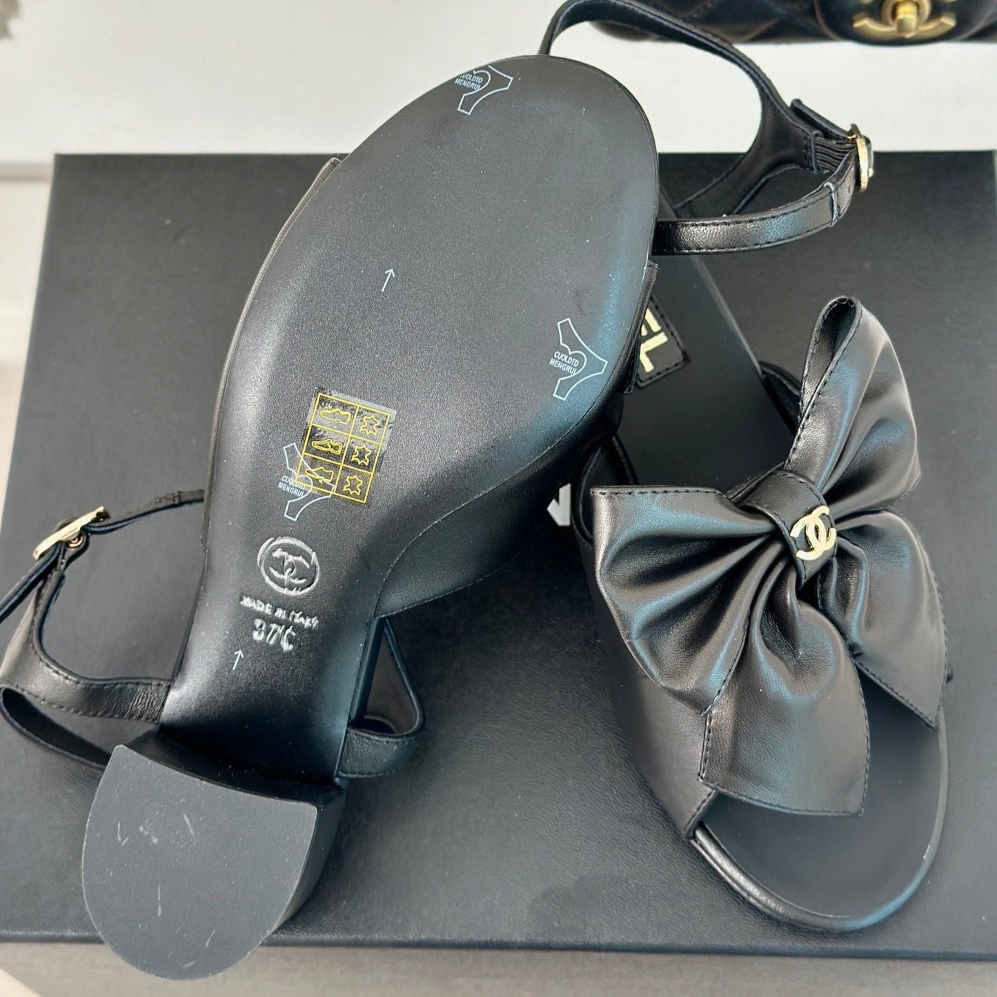 CHANEL Double  Big Bow High Sandal Sheepskin Black