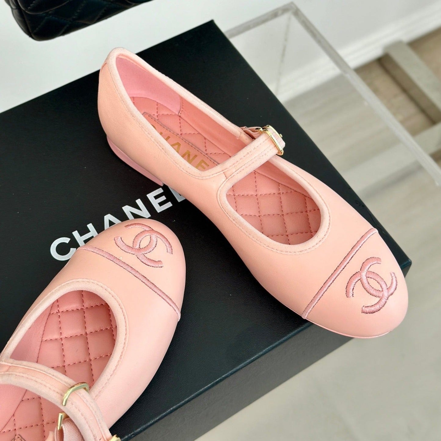 CHANEL Double C Light Pink Lambskin Mary Jane Shoes