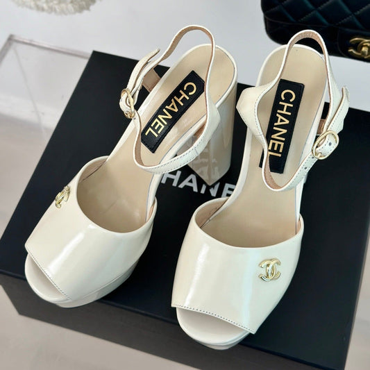 CHANEL Double C High Heel Sandals Beige Cream Leather
