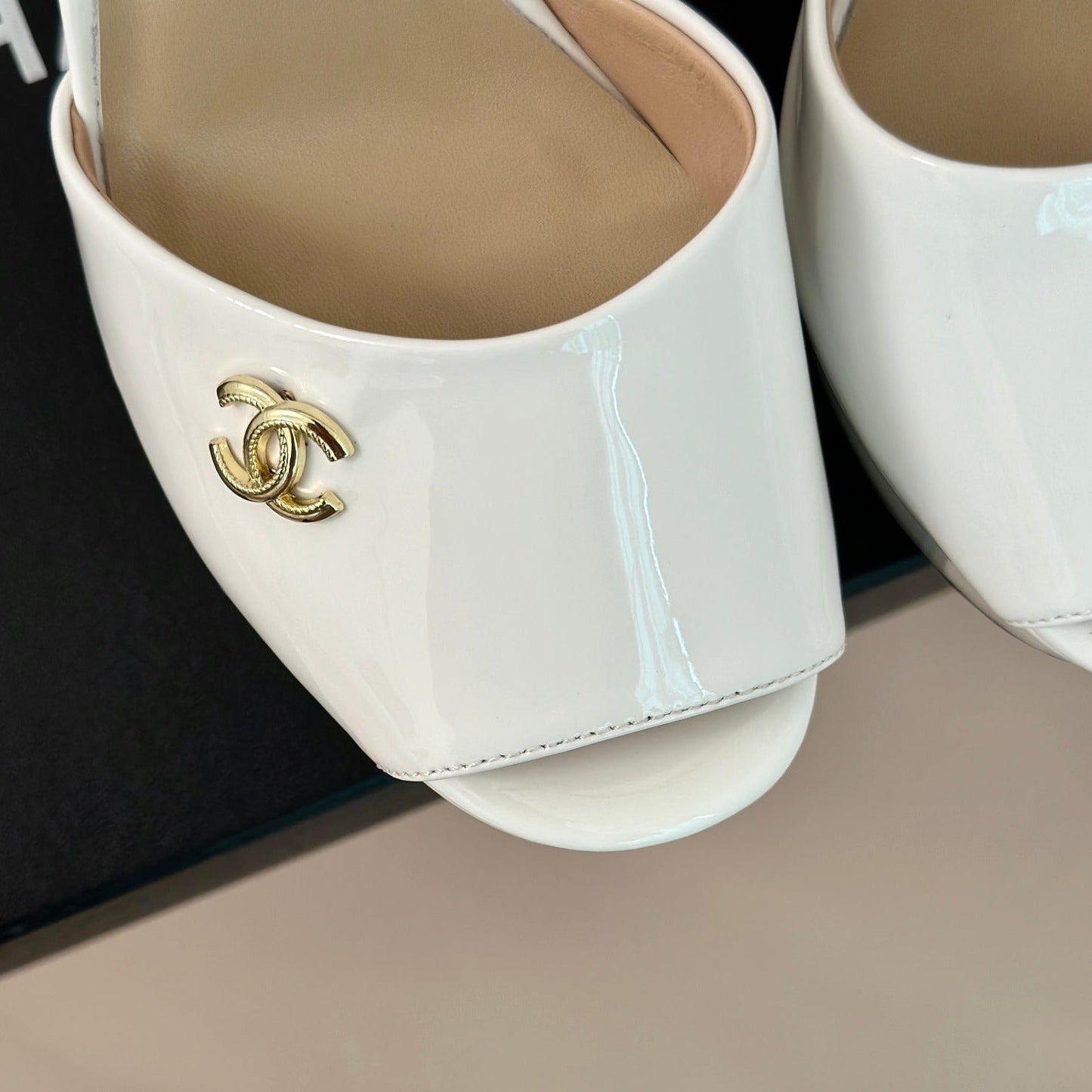 CHANEL Double C High Heel Sandals White Leather