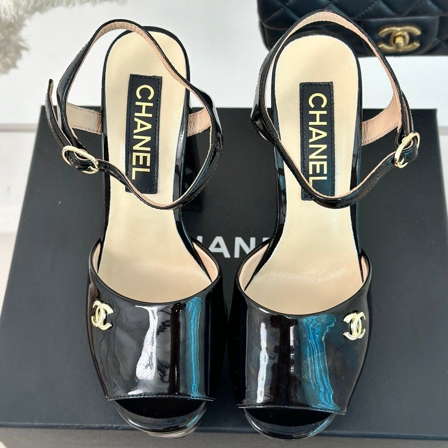 CHANEL Double C High Heel Sandals Black Leather