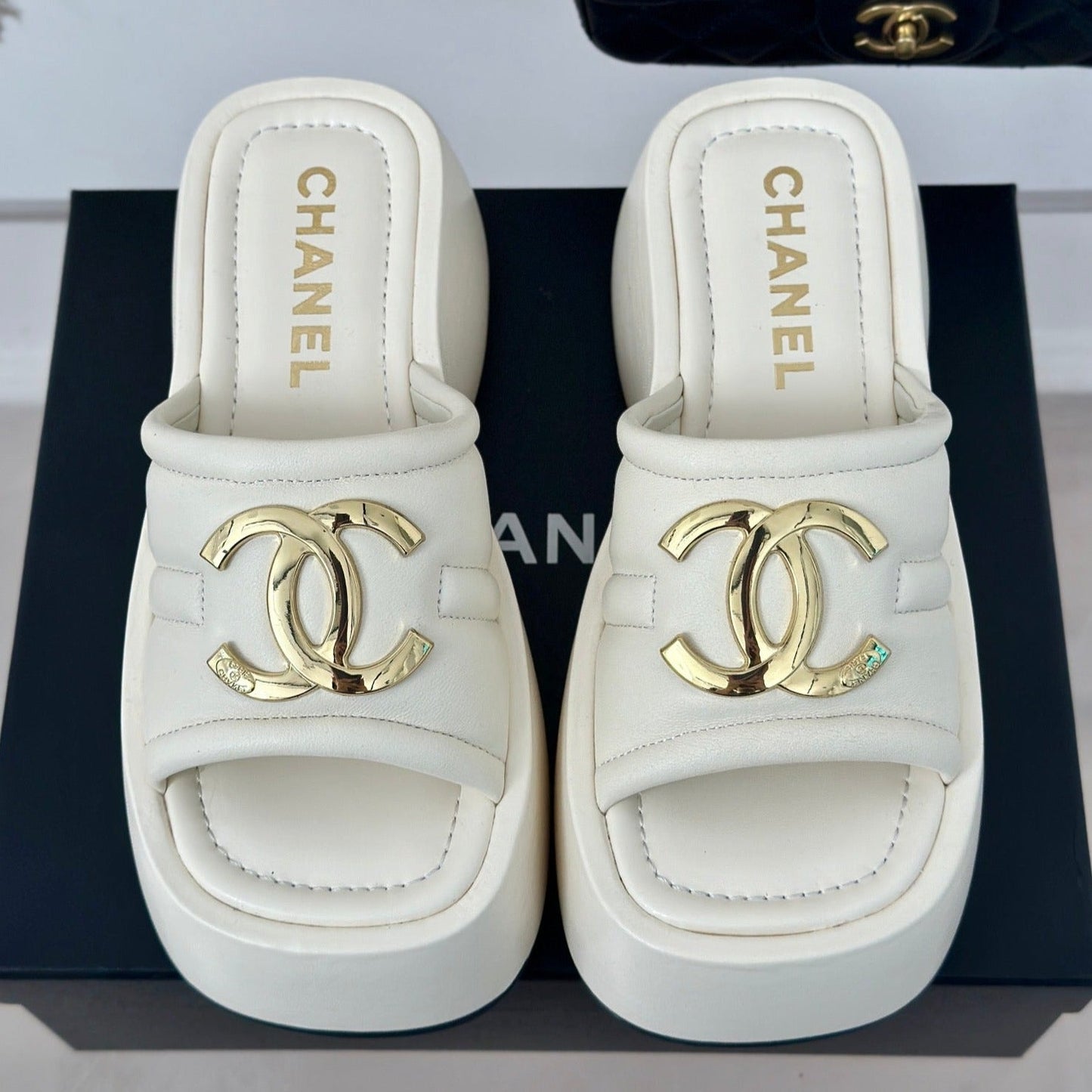CHANEL Large Double C Platform Slippers White