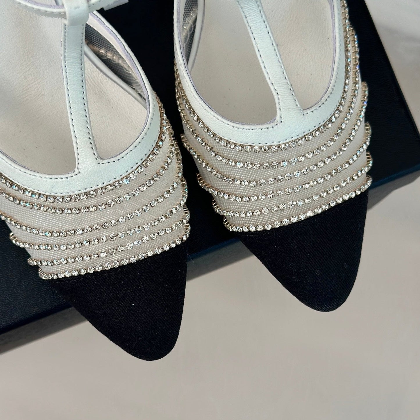 CHANEL Crystal Flat High Heel Sandals White
