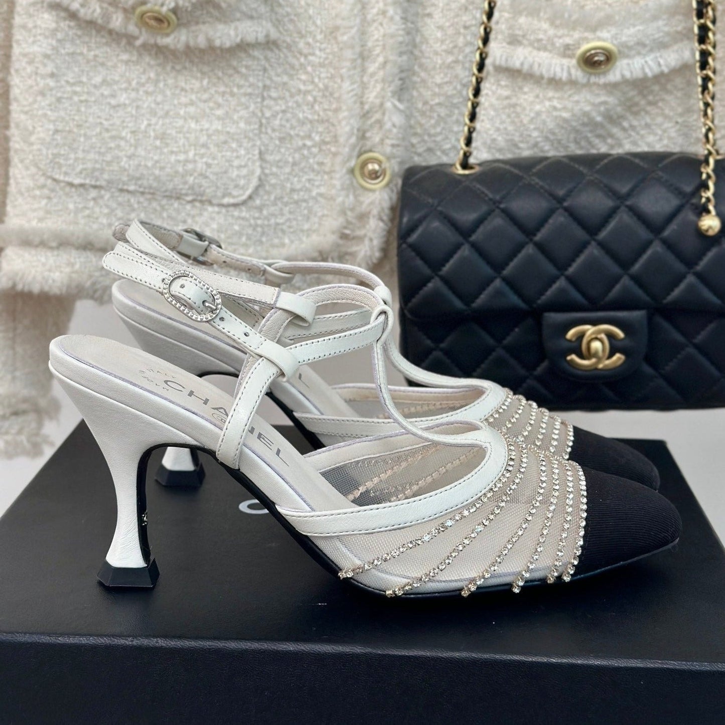 CHANEL Crystal Flat High Heel Sandals White