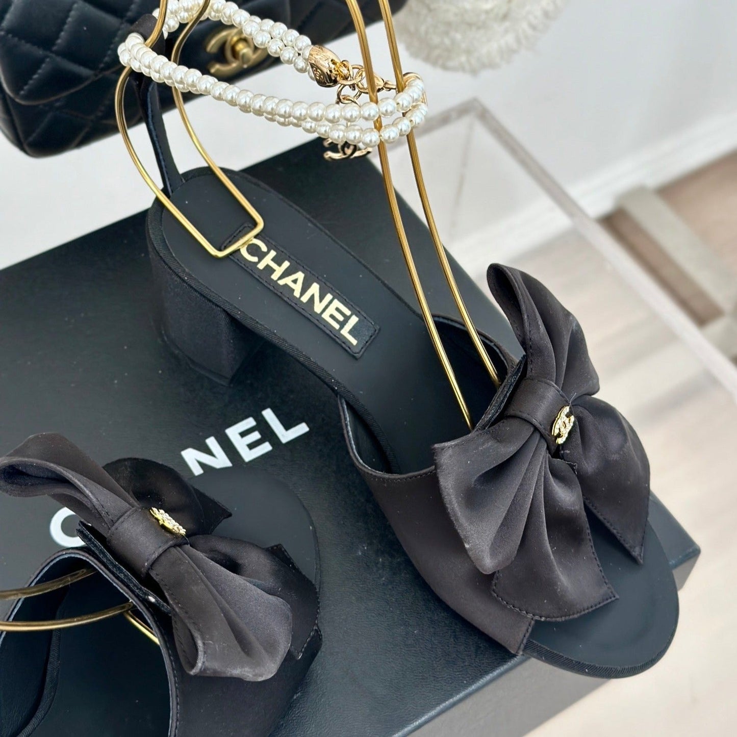 CHANEL Double C Big Bow Pearl Chain High Sandals Black Lambskin
