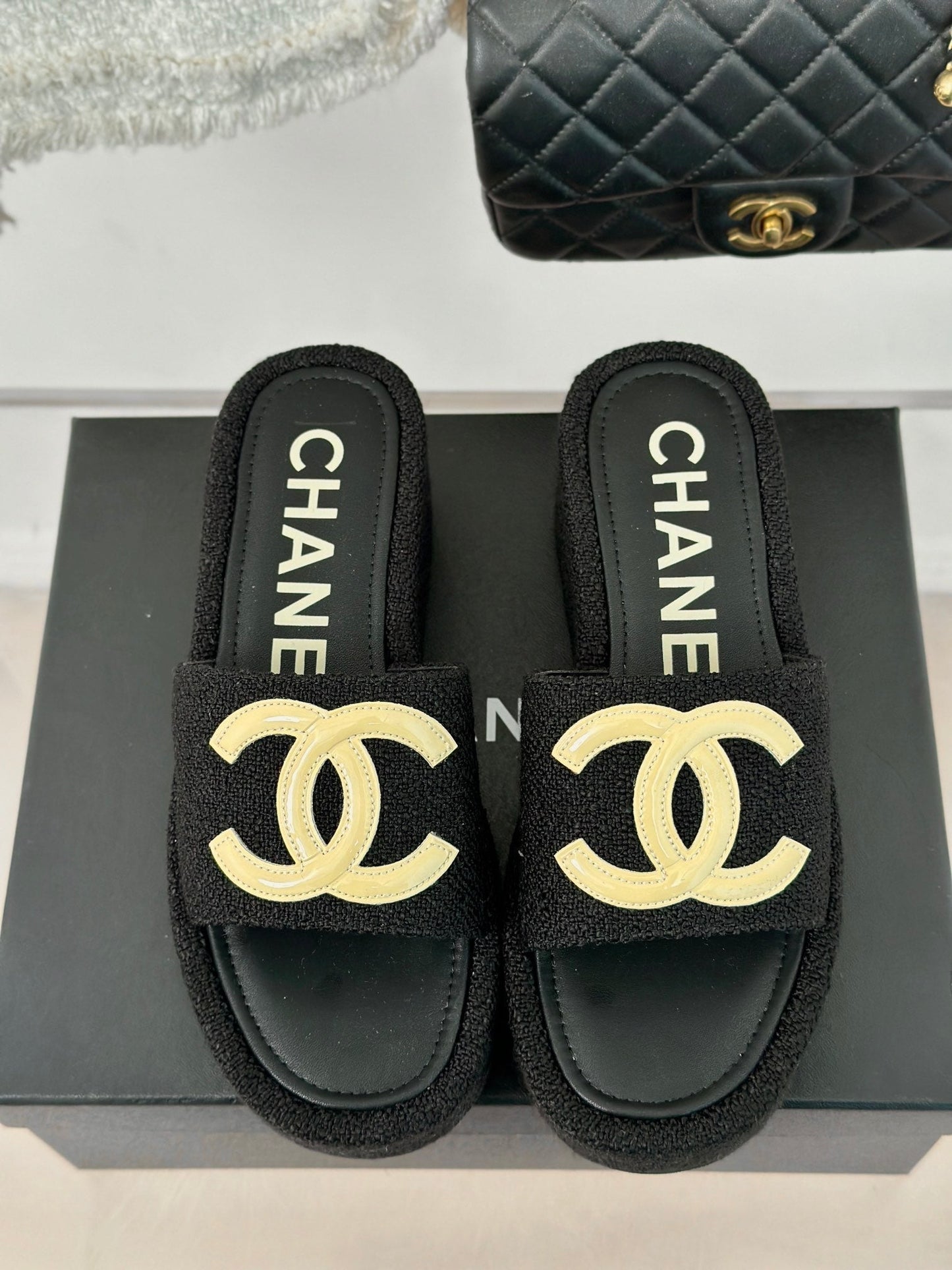 CHANEL CLASSIC SLIPPERS THICK SOLE IN BLACK TWEED