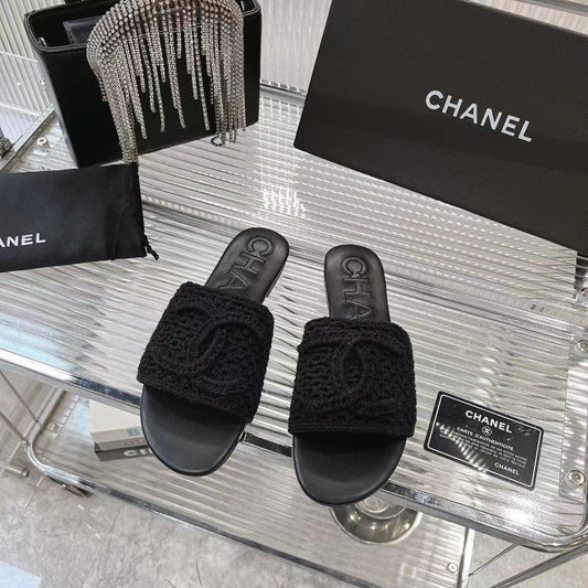 CHANEL SLIPPERS BLACK SHEEPSKIN