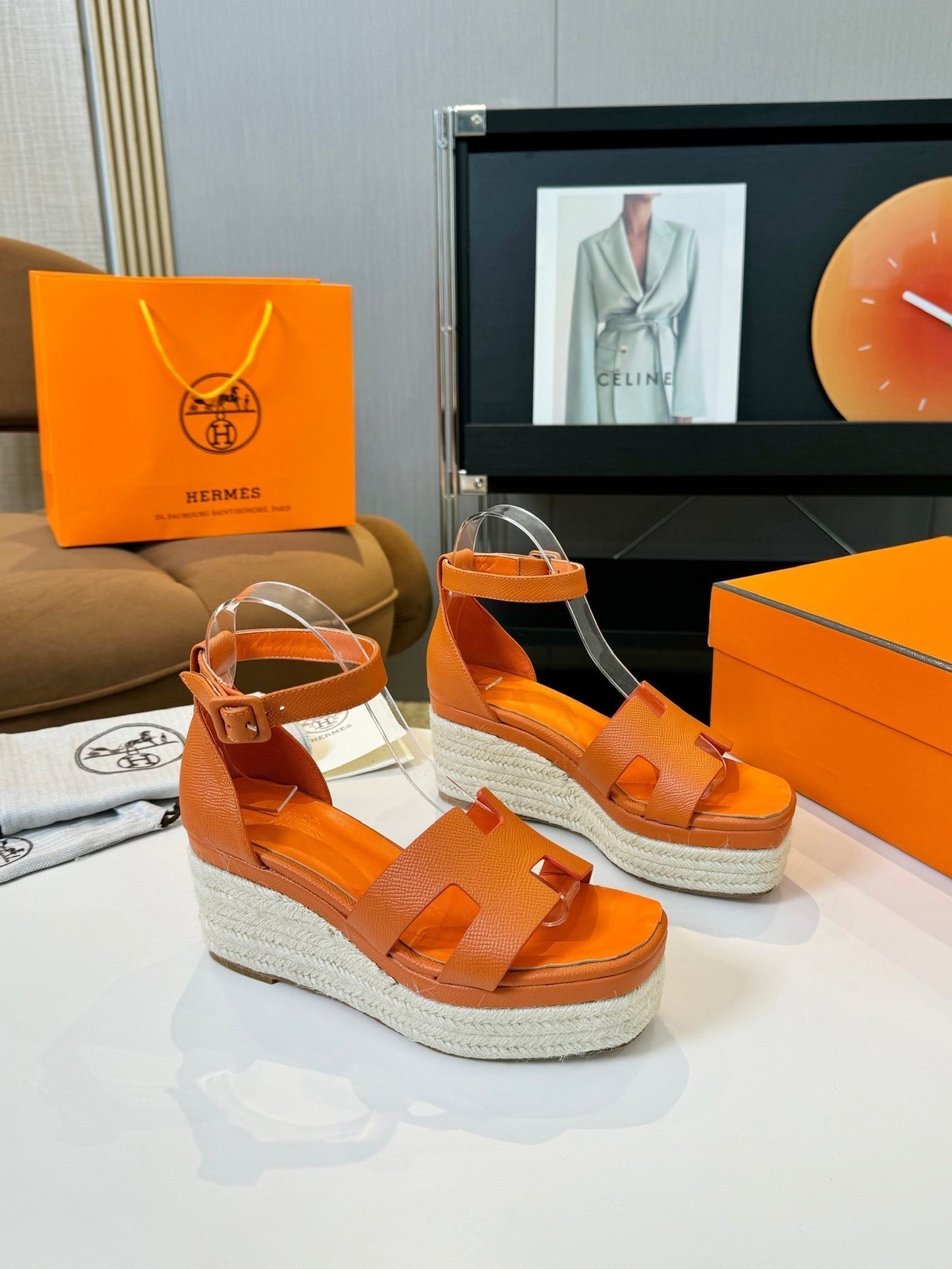 HERMES Elda espadrille 80 Orange Epsom Calfskin