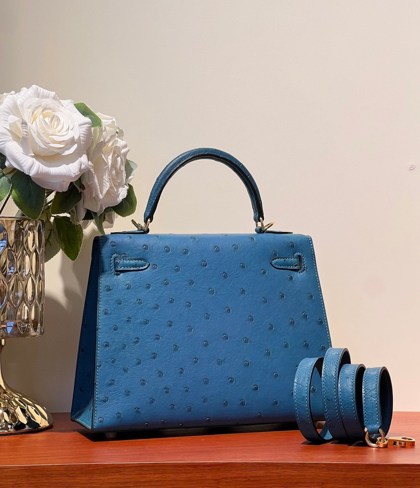 HERMES KELLY  SELLIER 25 BAG IN ROYAL BLUE OSTRICH LEATHER