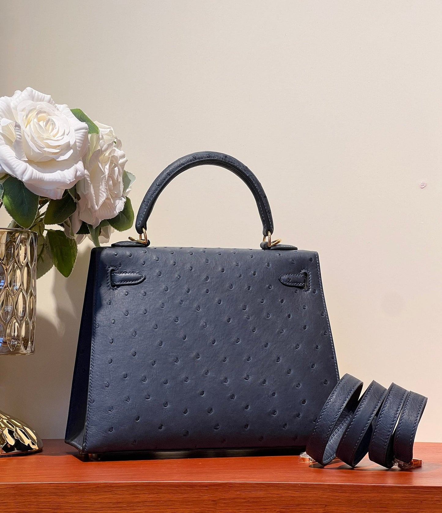 HERMES KELLY SELLIER 25 BAG IN PRUSSIAN BLUE OSTRICH LEATHER WITH GOLD HARDWARE