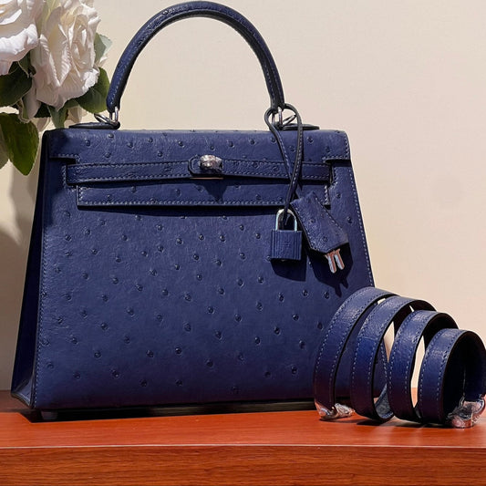 HERMES KELLY SELLIER 25 BAG IN NAVY BLUE OSTRICH LEATHER WITH SILVER HARDWARE