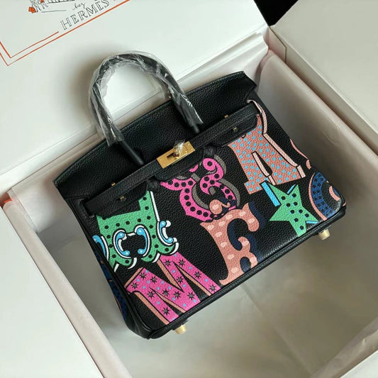 HERMES BIRKIN 25 BAG IN BLACK CALFSKIN WITH COLORFUL STICKER