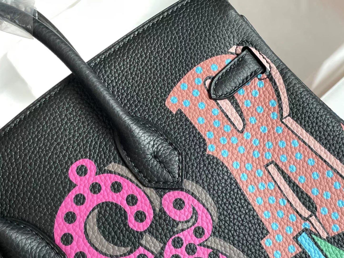 HERMES BIRKIN 25 BAG IN BLACK CALFSKIN WITH COLORFUL STICKER