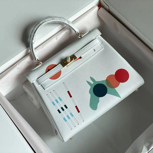 HERMES BIRKIN 25 BAG IN WHITE CALFSKIN WITH COLORFUL STICKER