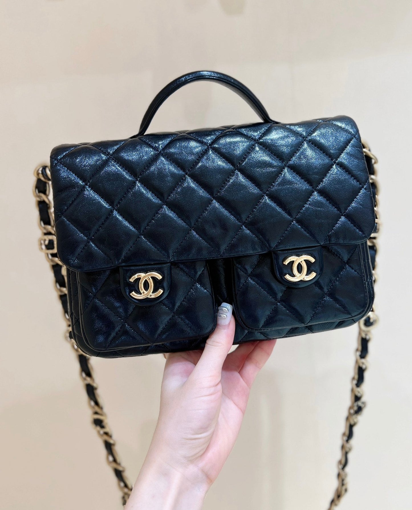 CHANEL DOUBLE POCKETS FLAP BAG TOP HANDLE 24 IN BLACK LAMBSKIN GOLD HARDWARE