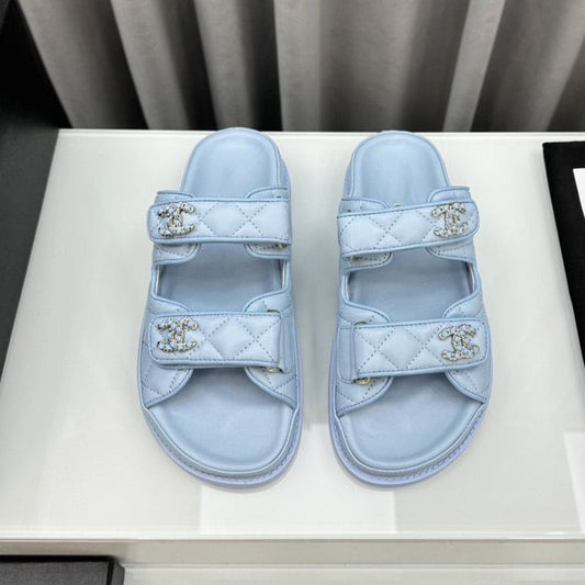 CHANEL dad sandals cloud blue lambskin mules