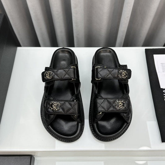 CHANEL dad sandals black patent interwoven leather