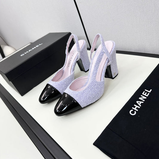 CHANEL HIGH SLINGBACK LIGHT BLUE TWEED AND BLACK CALFSKIN