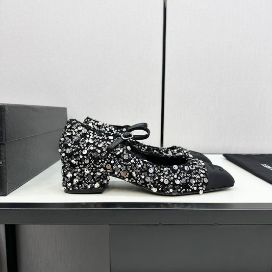 CHANEL MARY JANE IN BLACK SEQUINS AND VELVET