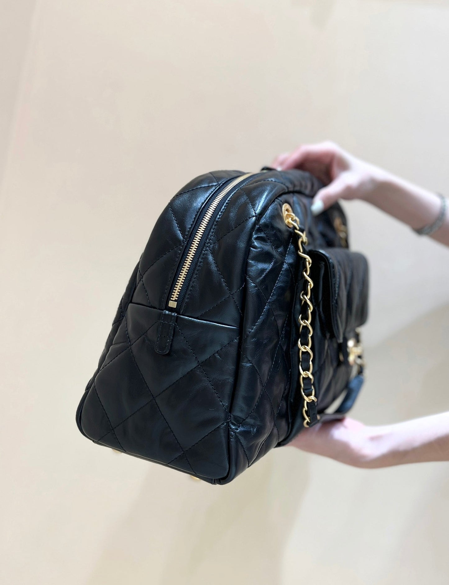 CHANEL BOWLING BAG 44 IN BLACK SOFT LAMBSKIN GOLD HARDWARE