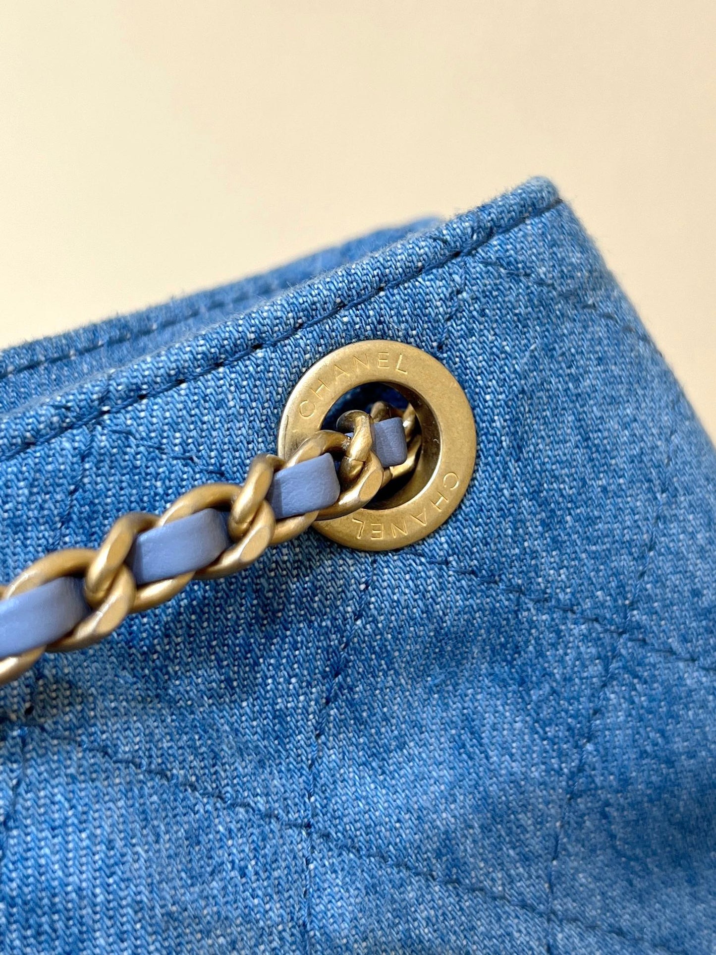 CHANEL DRAWSTRING BUCKET BACKPACK 24 IN MALIBU BLUE DENIM GOLD HARDWARE