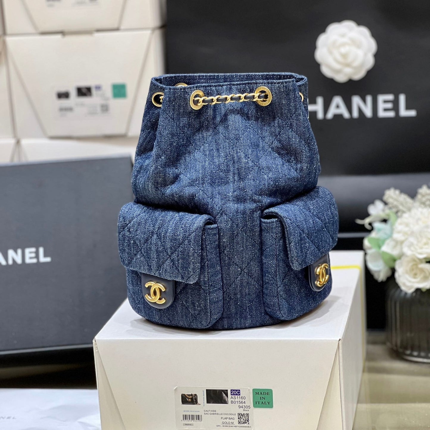 CHANEL DRAWSTRING BUCKET BACKPACK 24 IN DARK BLUE DENIM GOLD HARDWARE