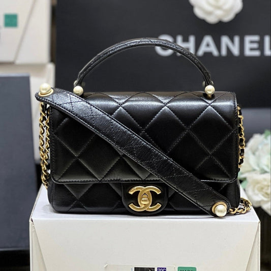 CHANEL PEARL LIMITED EDITION FLAP BAG WITH HANDLE 20 IN BLACK LAMBSKIN