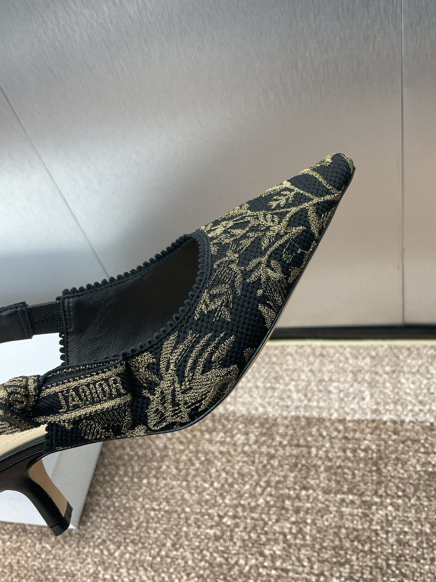DIOR J'A HIGH SLINGBACK PUMP BLACK AND GOLD-TONE MILLEFIORI JACQUARD 65 MM