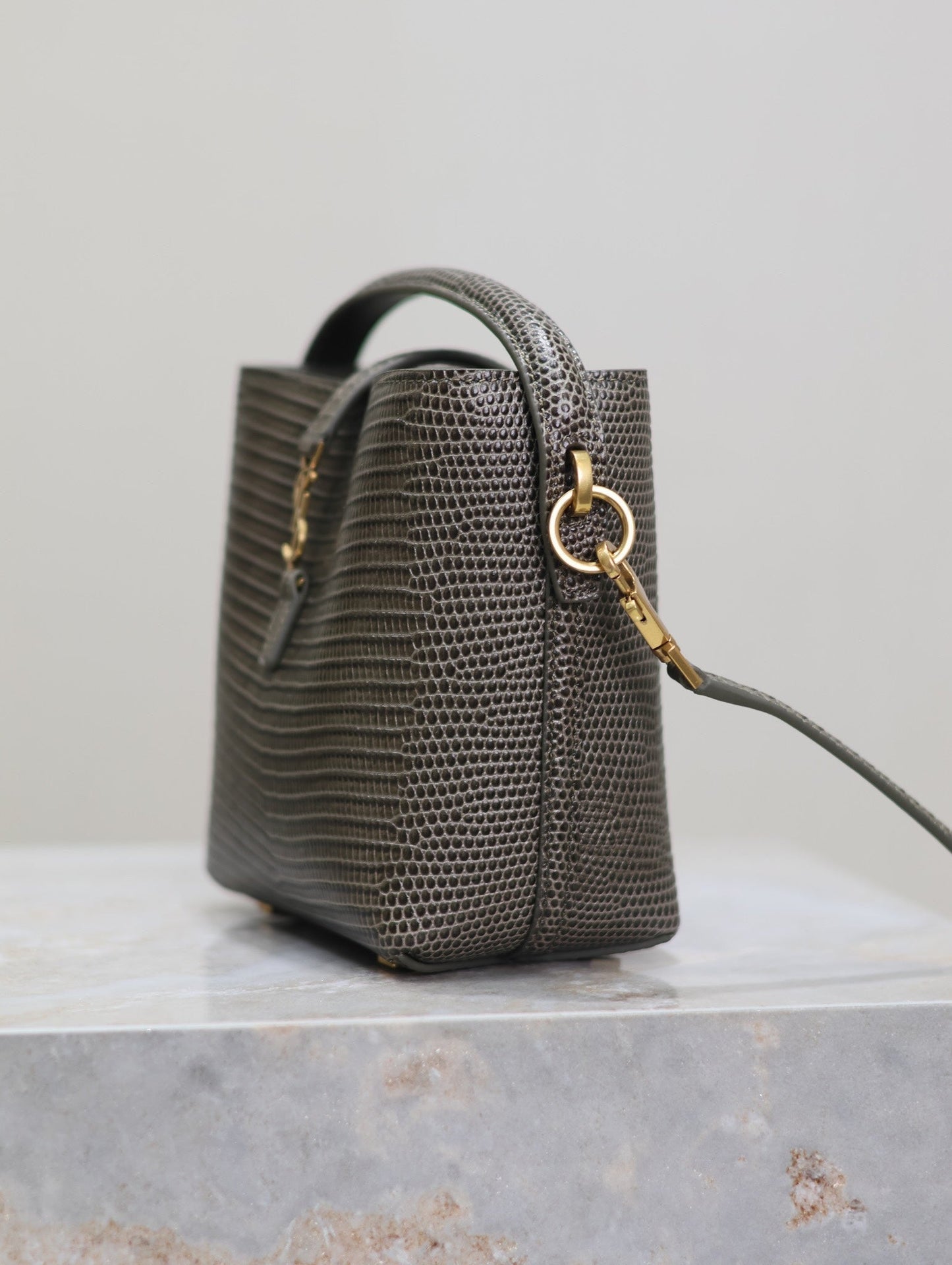 YSL 25S LE 37 MINI 15 IN BROWN LIZARD PATTERN CALFSKIN GOLD HARDWARE