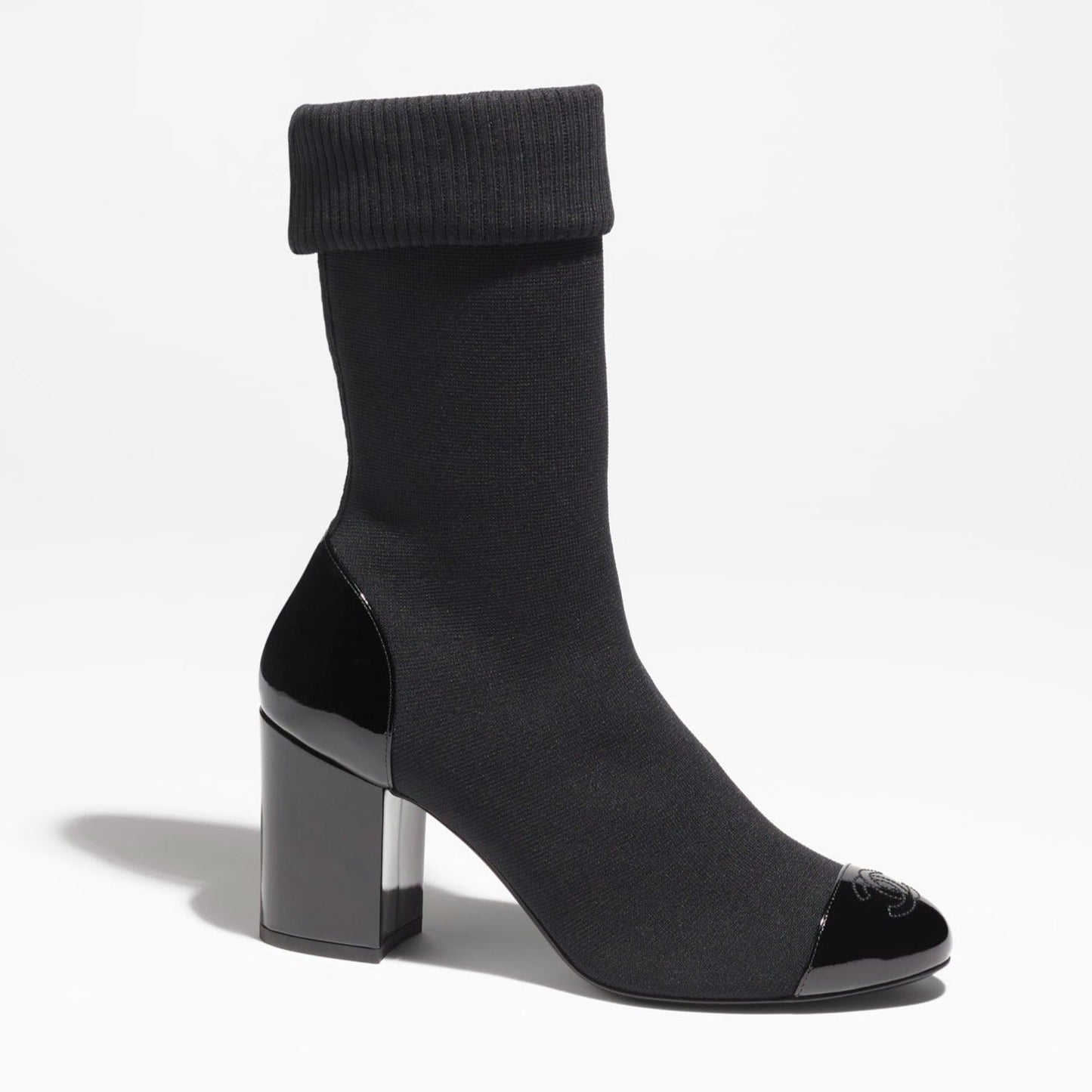 CHANEL SHORT BOOTS BLACK KNIT PATENT CALFSKIN
