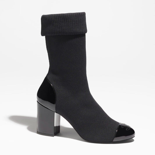 CHANEL SHORT BOOTS BLACK KNIT PATENT CALFSKIN