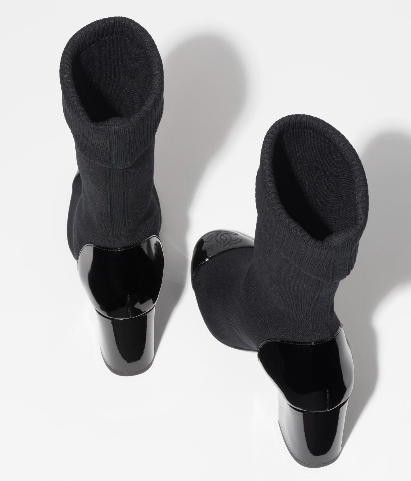 CHANEL SHORT BOOTS BLACK KNIT PATENT CALFSKIN