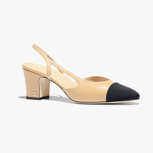 CHANEL SLINGBACKS BEIGE BLACK GOATSKIN