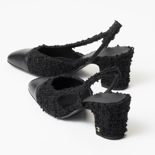 CHANEL SLINGBACKS BLACK IRIDESCENT TWEED
