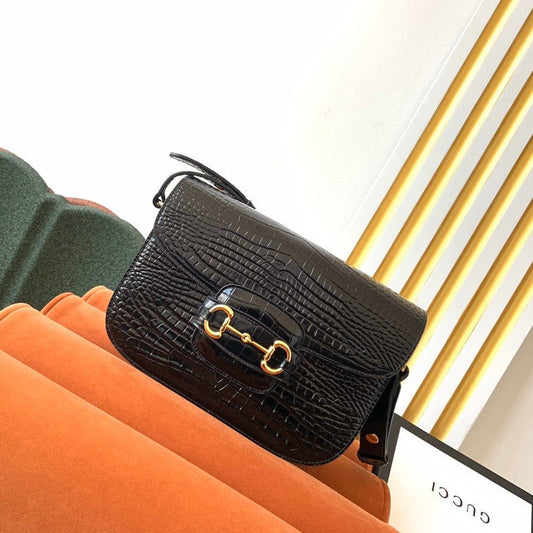 GUCCI 1955 Horsebit Bag 25cm Black Crocodile Leather Gold Hardware