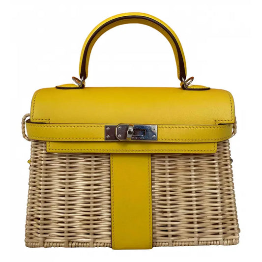 HERMES KELLY 20CM JAUNE DE NAPLES SWIFT IN YELLOW LEATHER AND WICKER SILVER HARDWARE